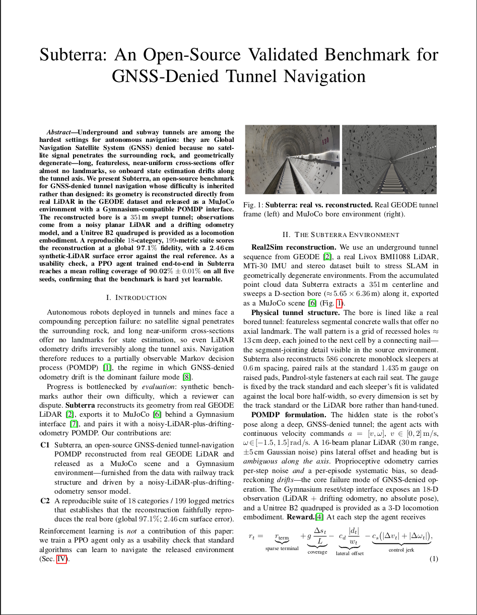 Real and reconstructed GNSS-denied tunnel environment from the Subterra paper