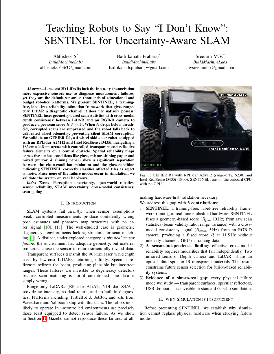 GEFIER R1 robot with RPLidar A2M12 and Intel RealSense D435i from the SENTINEL paper