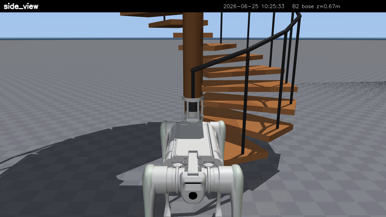 Unitree B2 quadruped robot approaching a spiral staircase in simulation